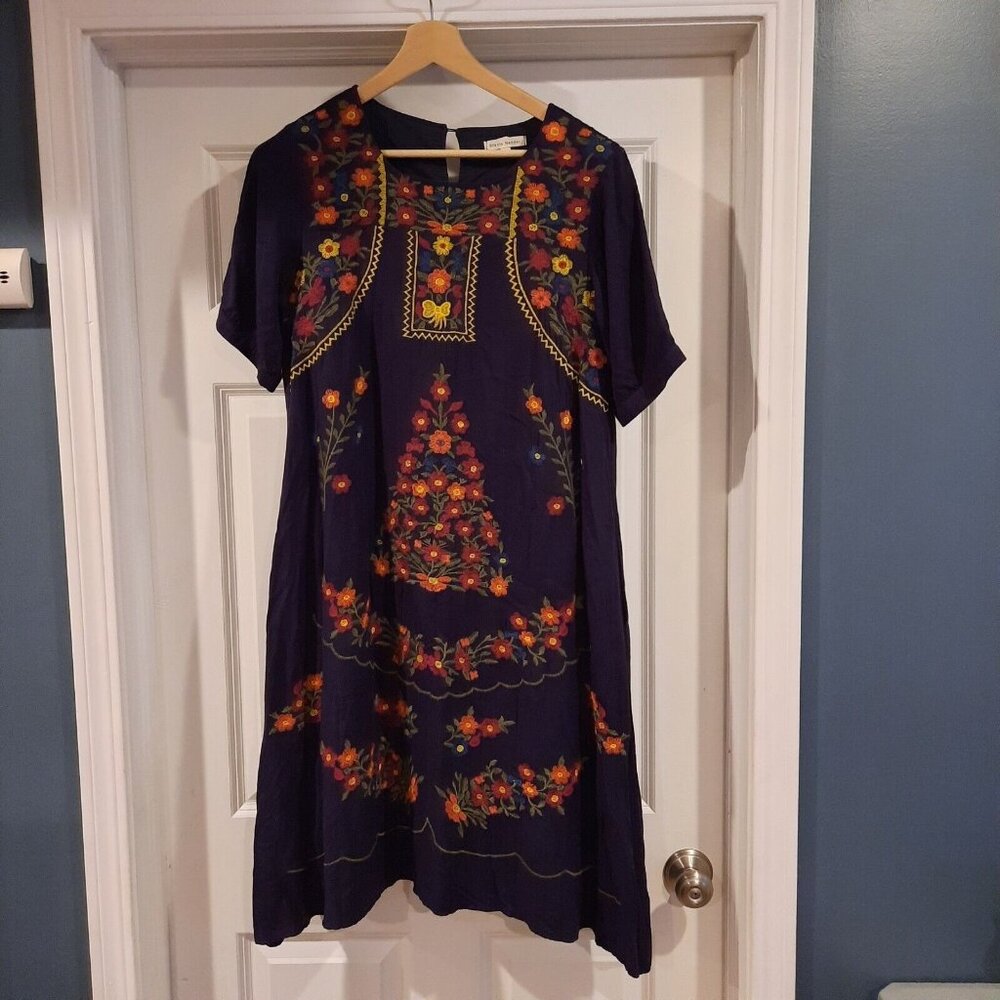 Stevie Hender Dress Womens Large Navy Midi Floral‎ Embroidered Boho Peasant